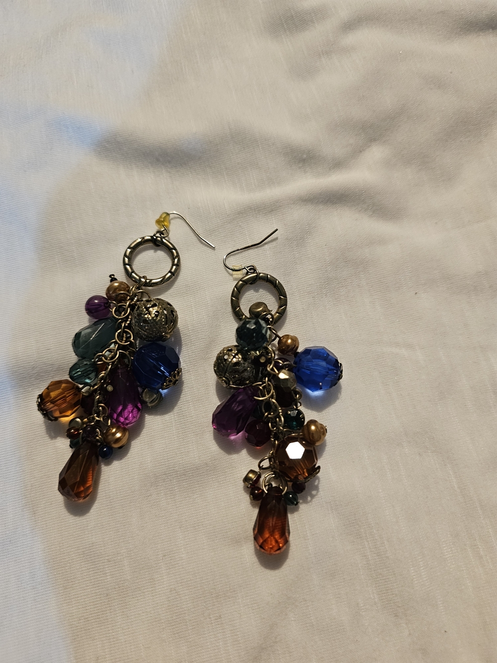 Multicolor Bead Cluster Dangle Earrings - Gold Ring Accent